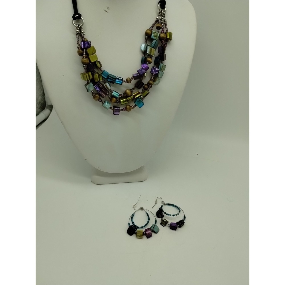 Triangle Beaded Necklace Blues Purple Green Corded 17" And Earring Set